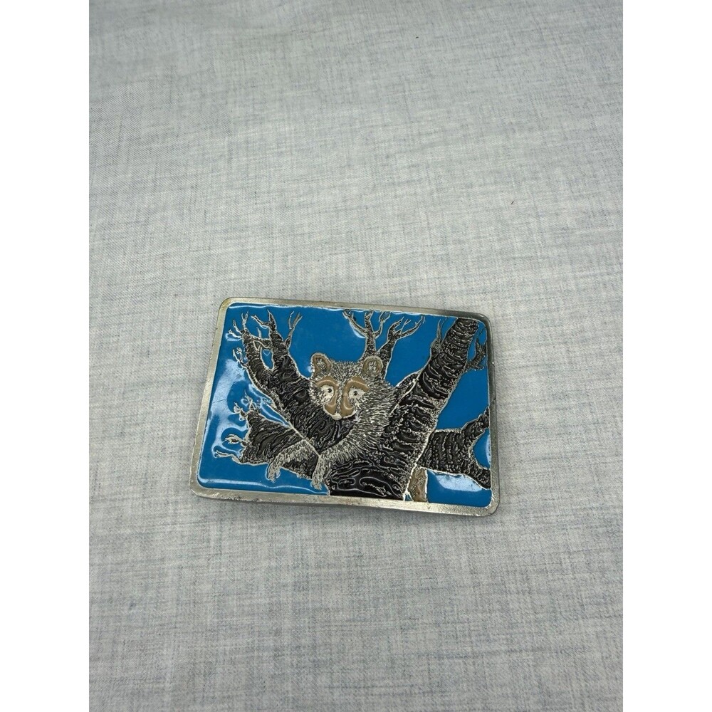 Vintage Raccoon In A Tree Belt Buckle Turquoise Enamel Inlay INSTYLE 1980 1420